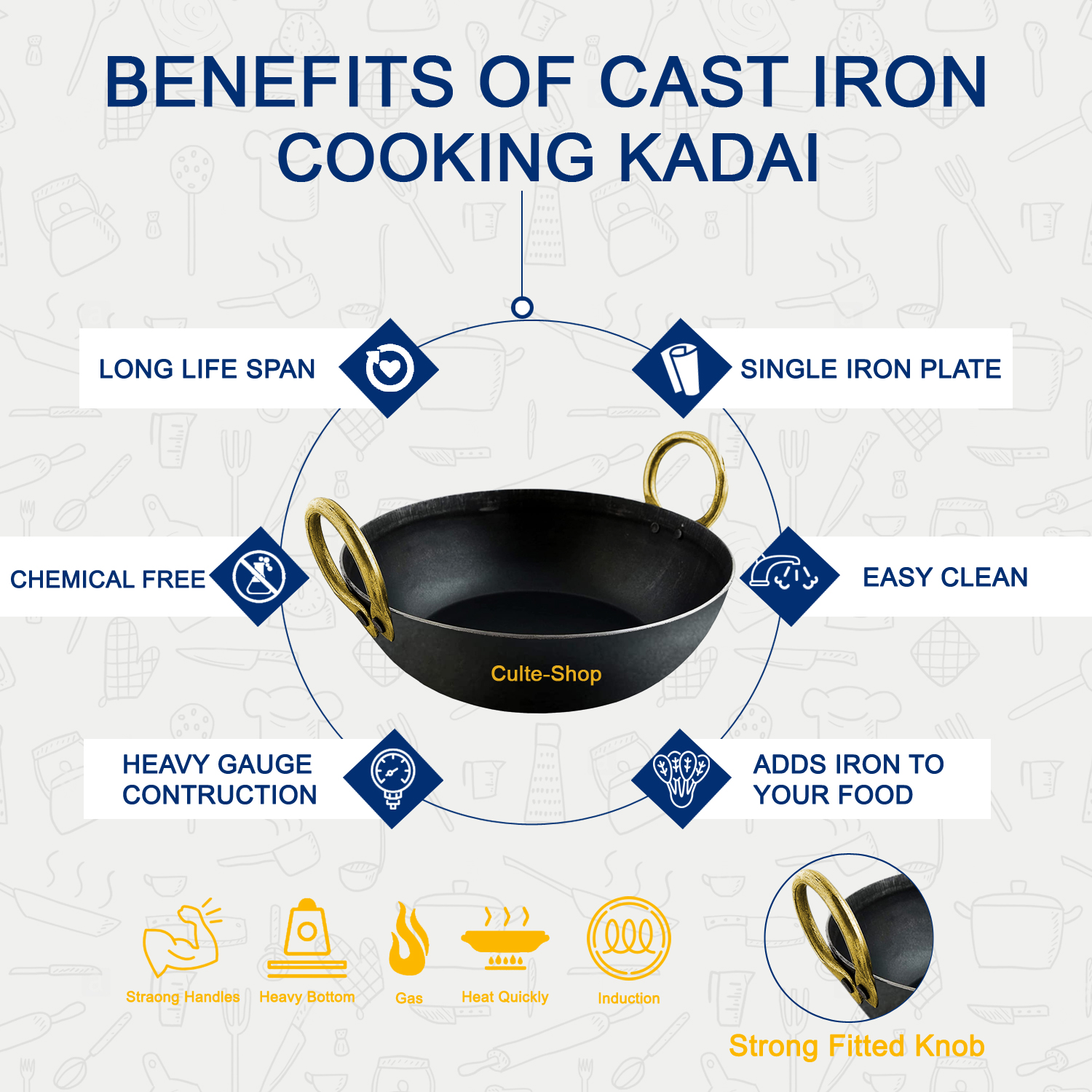 Cast Iron Kadai For Cooking Induction Base, Medium Size: 1500 ml